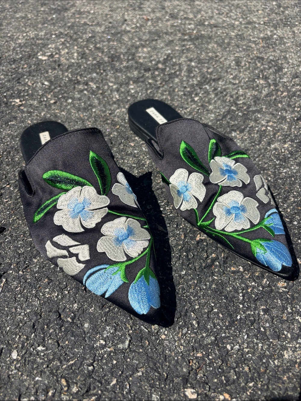 Zara Black Pointed Slip-On Mules with Floral Embroidery